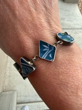 Artisan .925 Sterling Silver Broken China Bracelet | Blue & White Porcelain 22 G